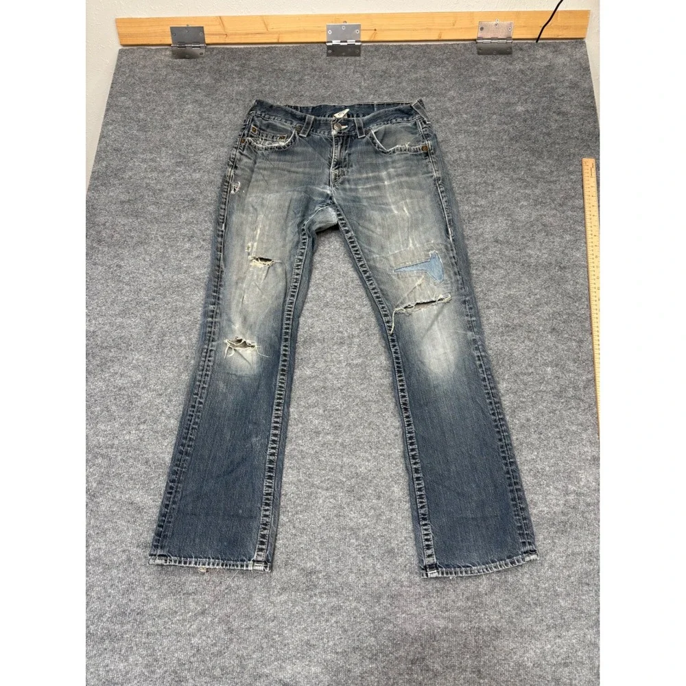 True Religion Straight Leg Distressed Blue Jeans Mens‎ 34 Made in USA Y2K Denim